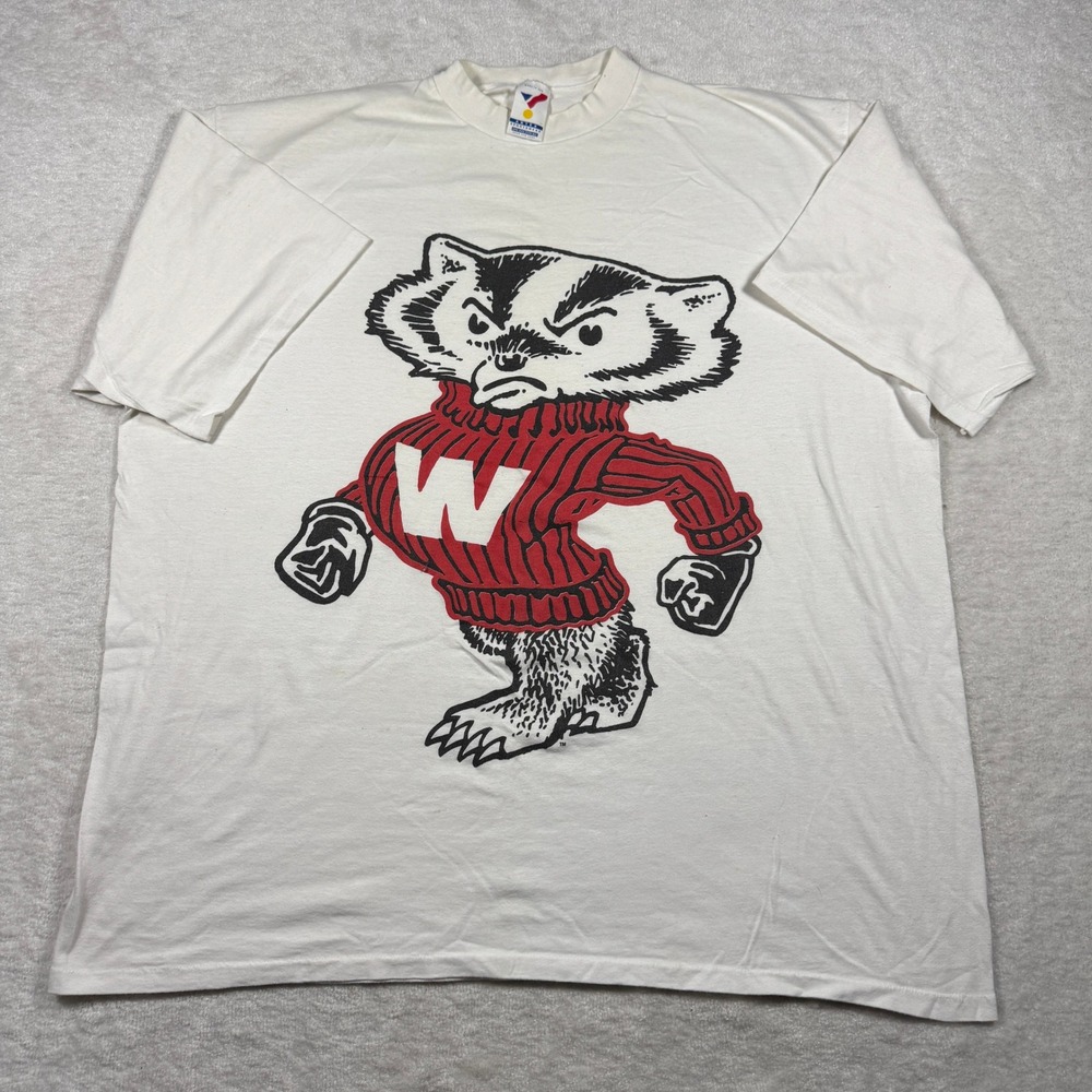 Vintage Wisconsin Badgers Bucky Badger T-Shirt Artex White Single Stitch OSFA‎